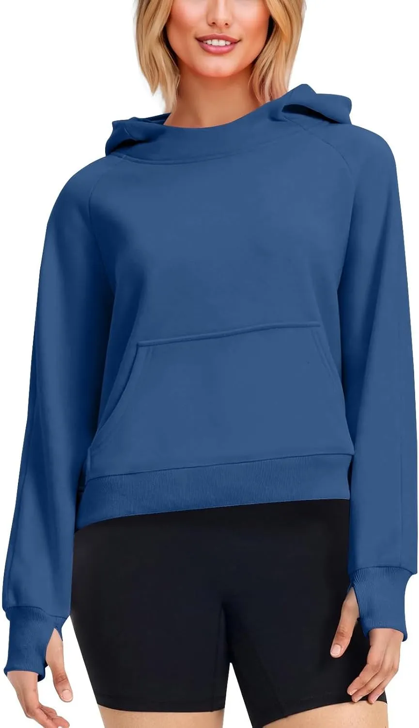 Hoodies for Women Long Sleeve Thumb Hole Sweatshirts Fleece Lined Cropped Loose Fit Hoodies Pullover with Pocket