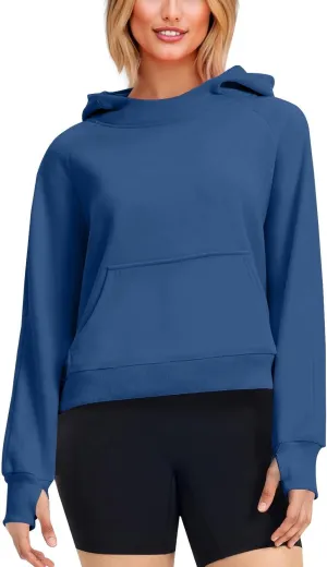 Hoodies for Women Long Sleeve Thumb Hole Sweatshirts Fleece Lined Cropped Loose Fit Hoodies Pullover with Pocket