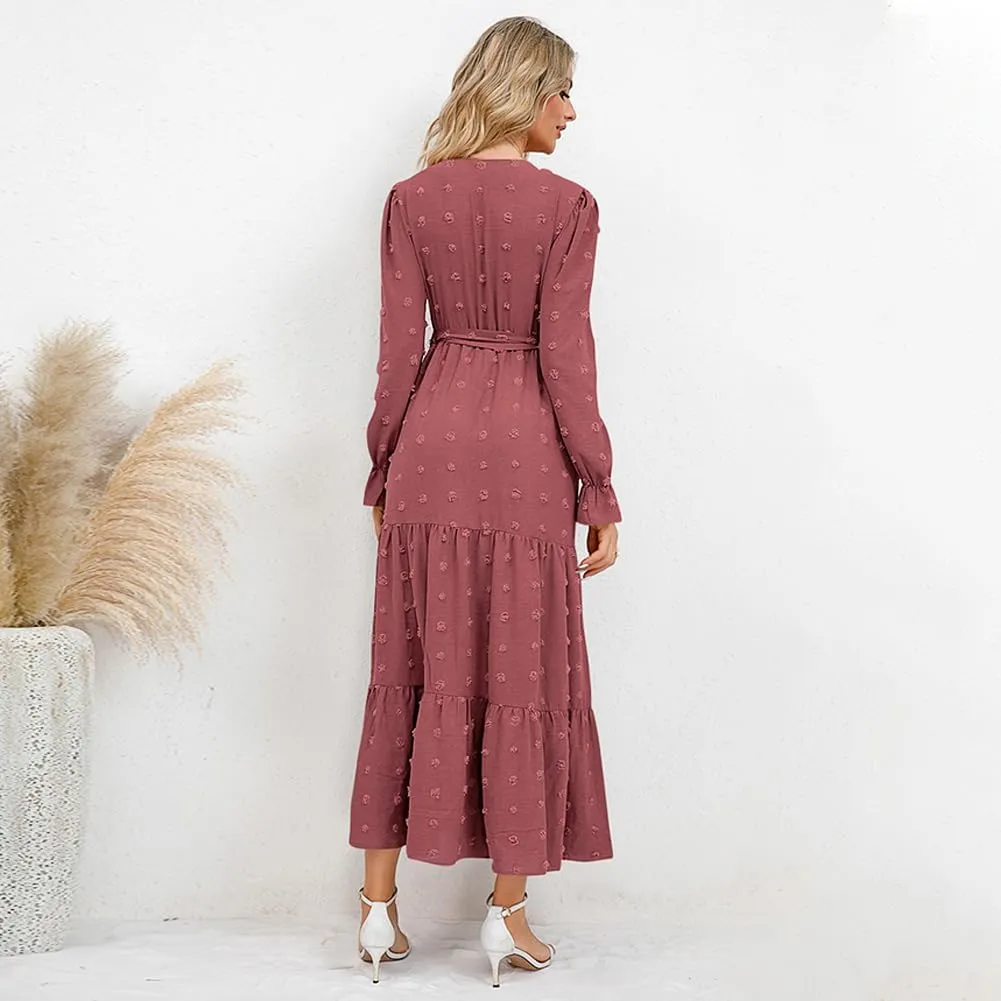 IDOPIP Long Sleeve Swiss Dot Dress for Women Tiered Maxi Dress with Belt Casual A Line Flowy Dress Fall Wedding Guest Outfit