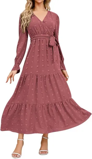 IDOPIP Long Sleeve Swiss Dot Dress for Women Tiered Maxi Dress with Belt Casual A Line Flowy Dress Fall Wedding Guest Outfit