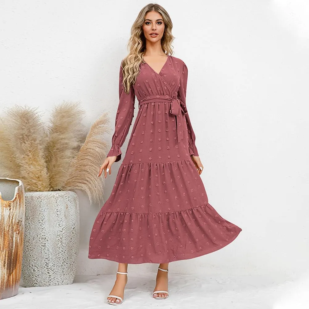 IDOPIP Long Sleeve Swiss Dot Dress for Women Tiered Maxi Dress with Belt Casual A Line Flowy Dress Fall Wedding Guest Outfit