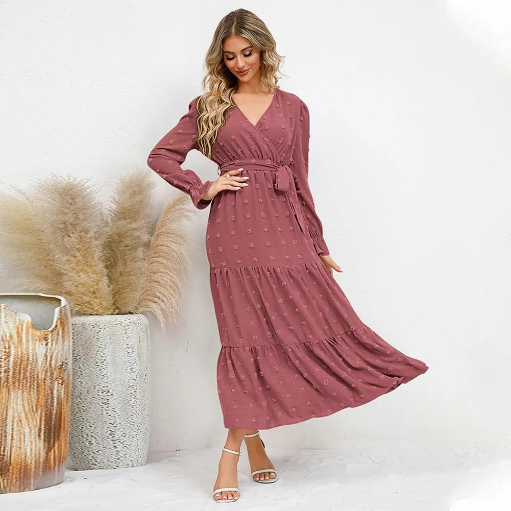 IDOPIP Long Sleeve Swiss Dot Dress for Women Tiered Maxi Dress with Belt Casual A Line Flowy Dress Fall Wedding Guest Outfit