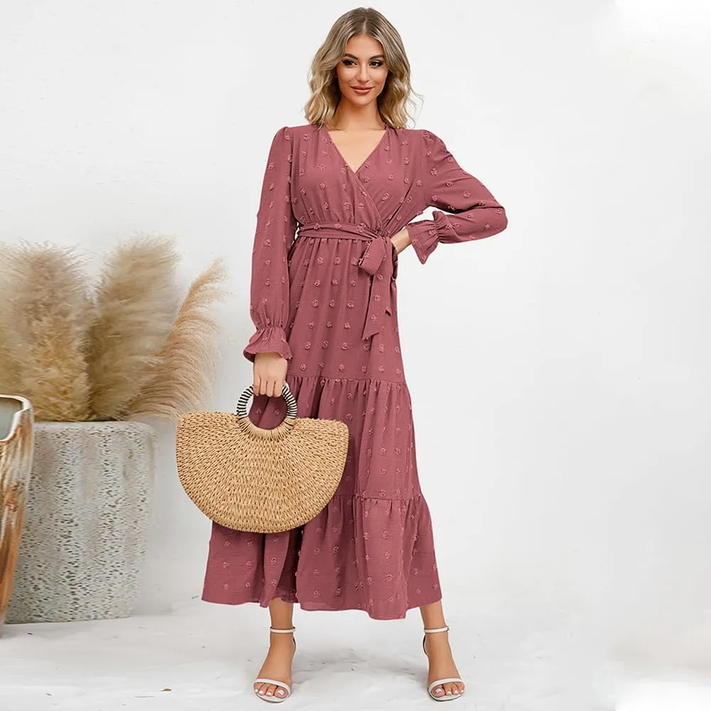 IDOPIP Long Sleeve Swiss Dot Dress for Women Tiered Maxi Dress with Belt Casual A Line Flowy Dress Fall Wedding Guest Outfit