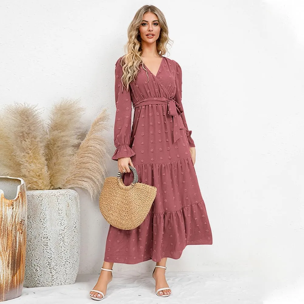 IDOPIP Long Sleeve Swiss Dot Dress for Women Tiered Maxi Dress with Belt Casual A Line Flowy Dress Fall Wedding Guest Outfit