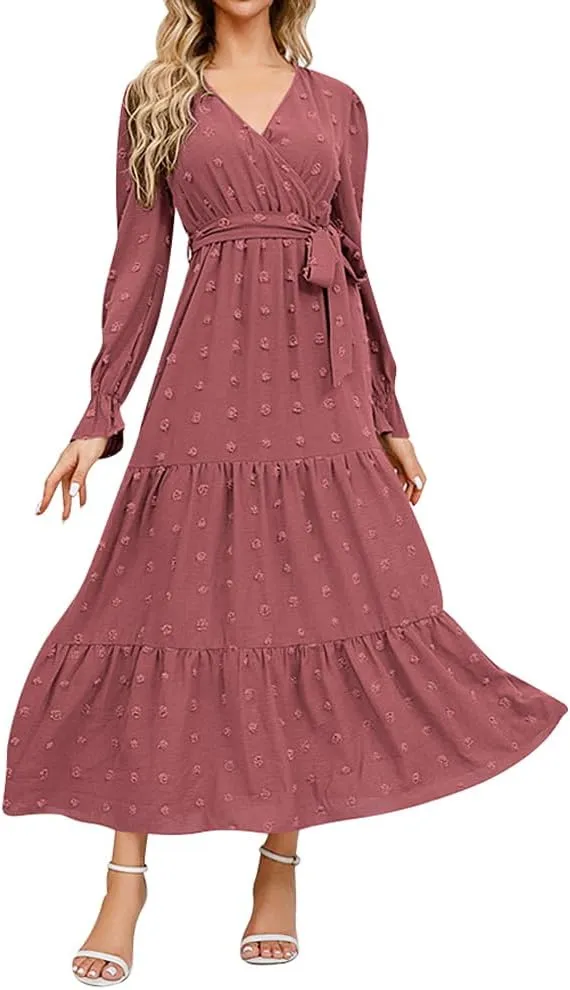 IDOPIP Long Sleeve Swiss Dot Dress for Women Tiered Maxi Dress with Belt Casual A Line Flowy Dress Fall Wedding Guest Outfit