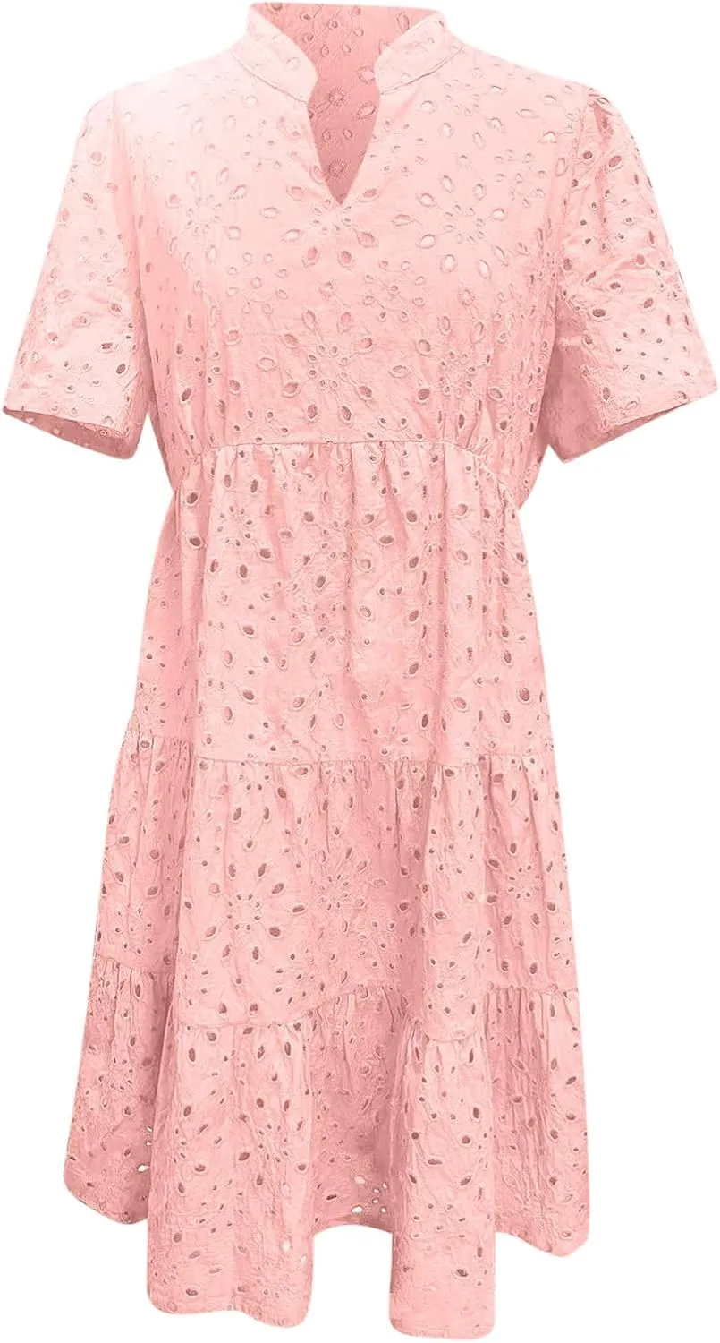 JOAU Womens Boho Summer Dresses 2025 Resort V Neck Short Sleeve Hollow Out Eyelet Ruffle Casual Beach Mini Vacation Dress