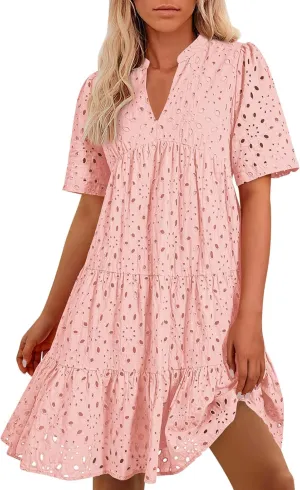JOAU Womens Boho Summer Dresses 2025 Resort V Neck Short Sleeve Hollow Out Eyelet Ruffle Casual Beach Mini Vacation Dress