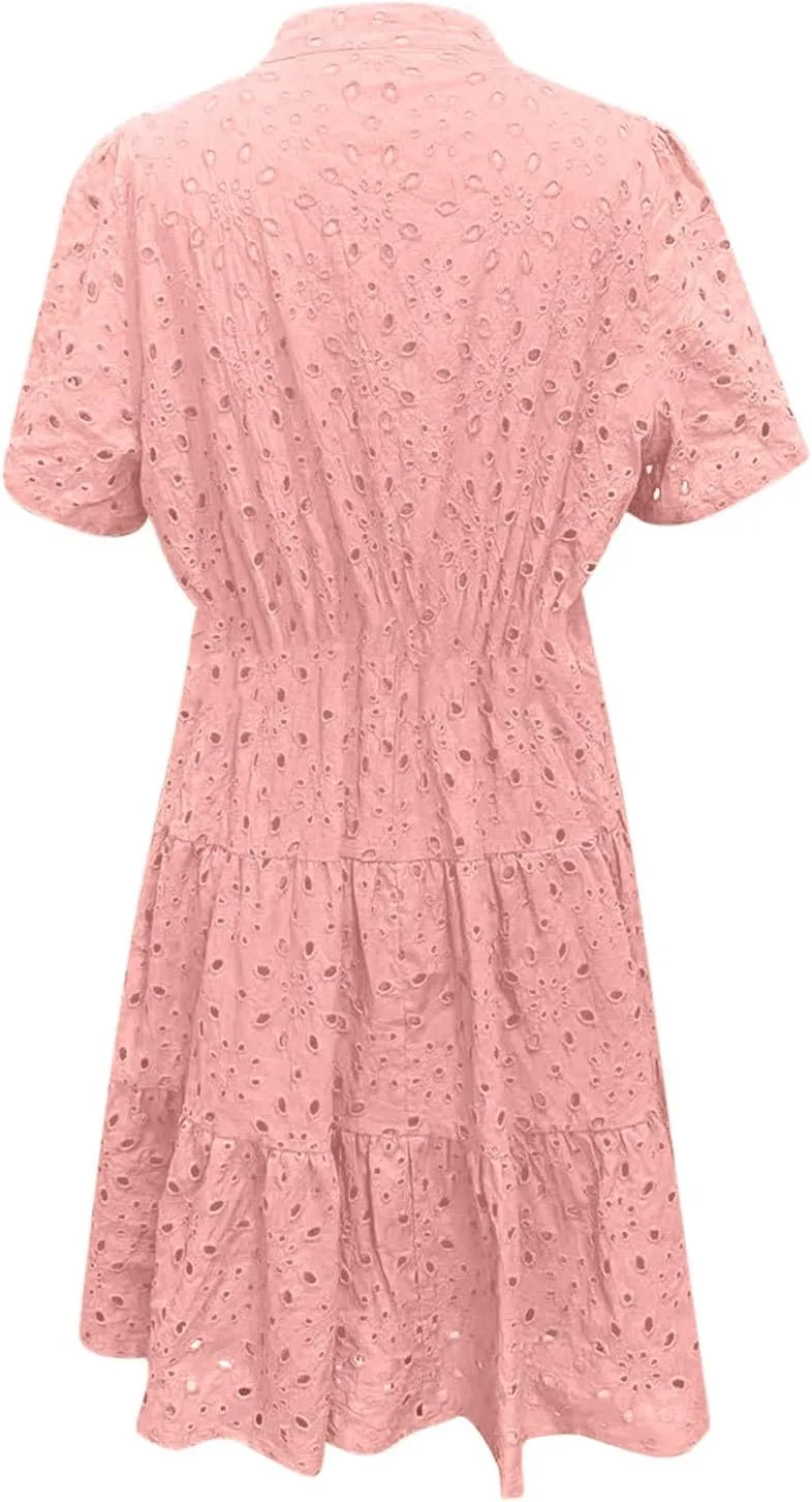 JOAU Womens Boho Summer Dresses 2025 Resort V Neck Short Sleeve Hollow Out Eyelet Ruffle Casual Beach Mini Vacation Dress