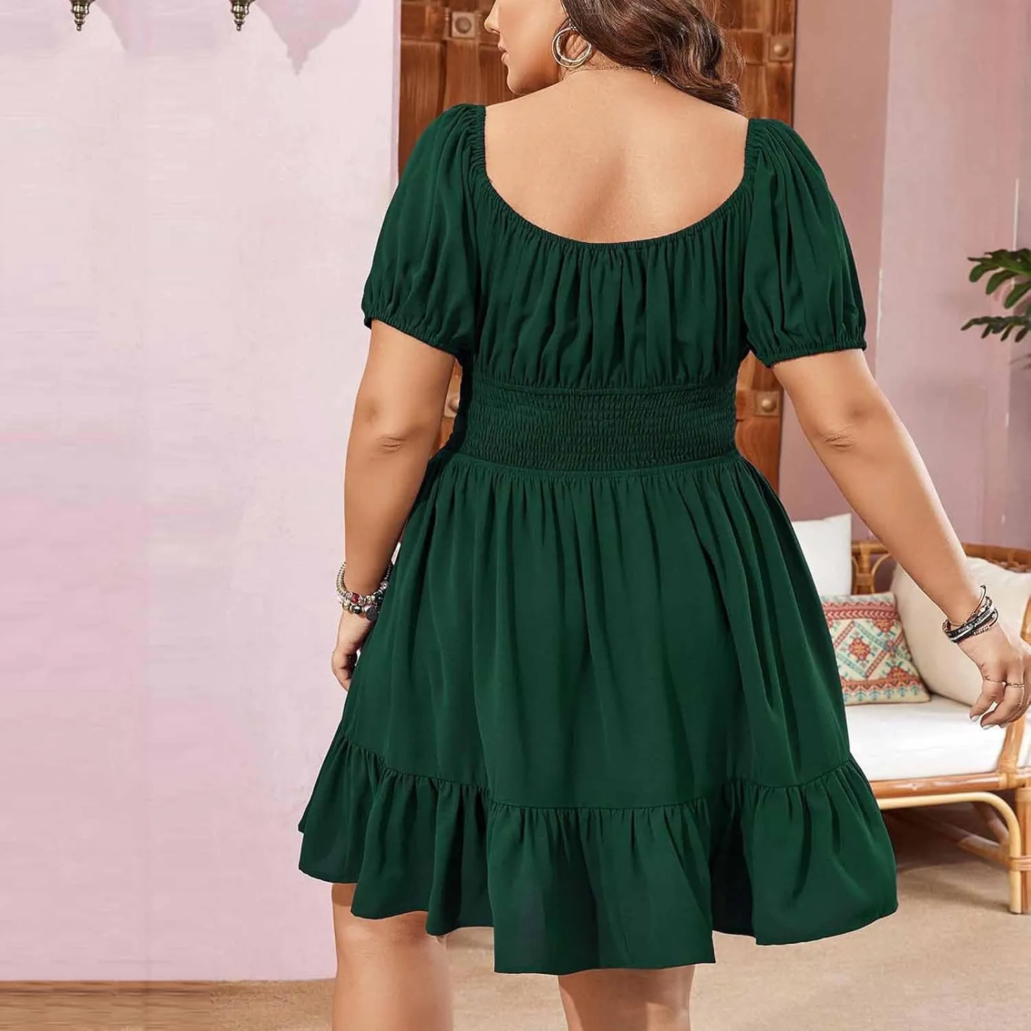 JOAU Womens Plus Size Short Puff Sleeve Square Neck Dress Smocked Elastic High Waist Summer Ruffle Hem Pleated A-line Dresses