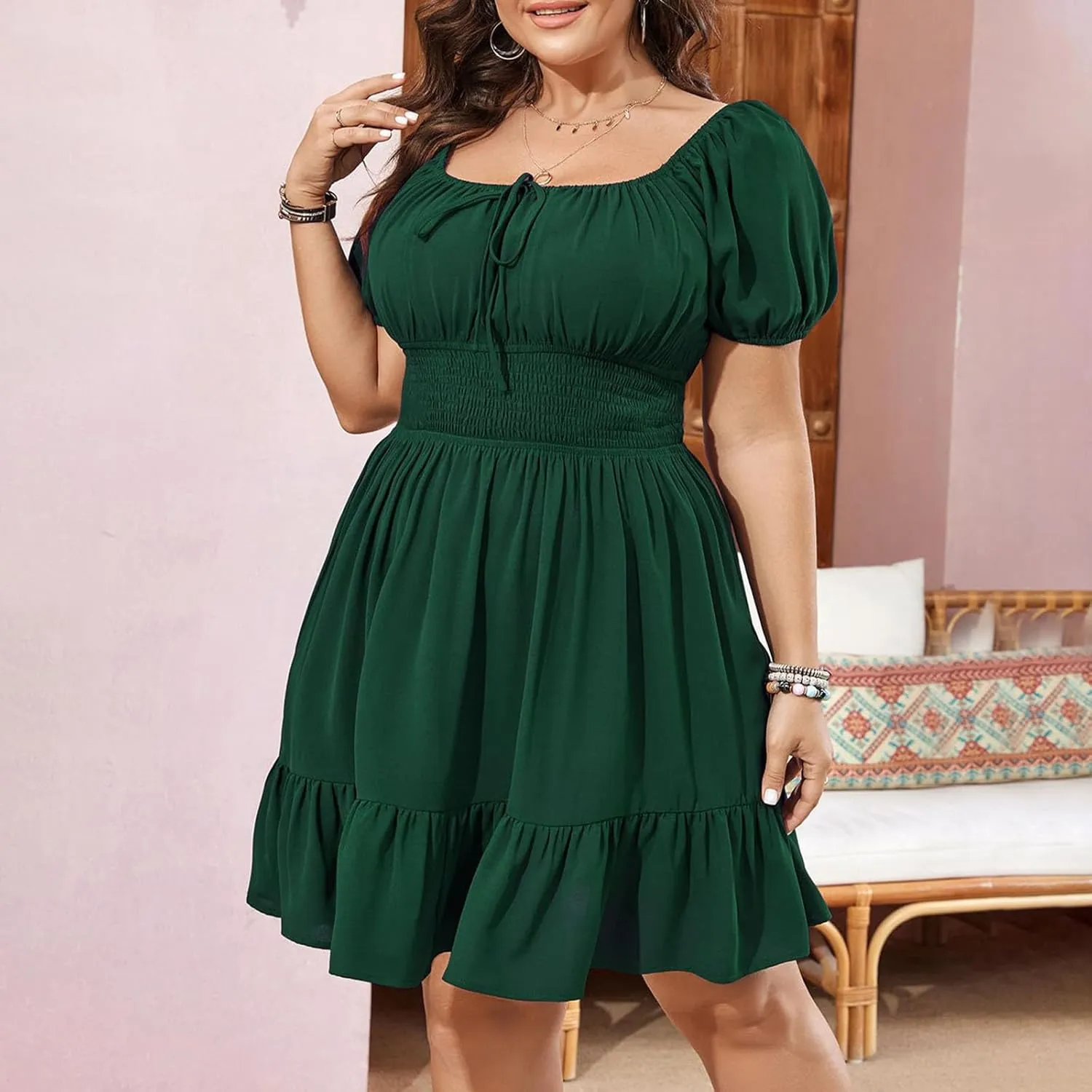 JOAU Womens Plus Size Short Puff Sleeve Square Neck Dress Smocked Elastic High Waist Summer Ruffle Hem Pleated A-line Dresses