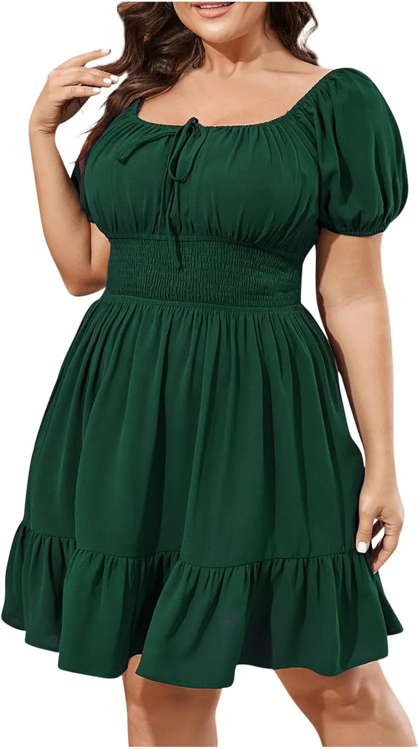 JOAU Womens Plus Size Short Puff Sleeve Square Neck Dress Smocked Elastic High Waist Summer Ruffle Hem Pleated A-line Dresses