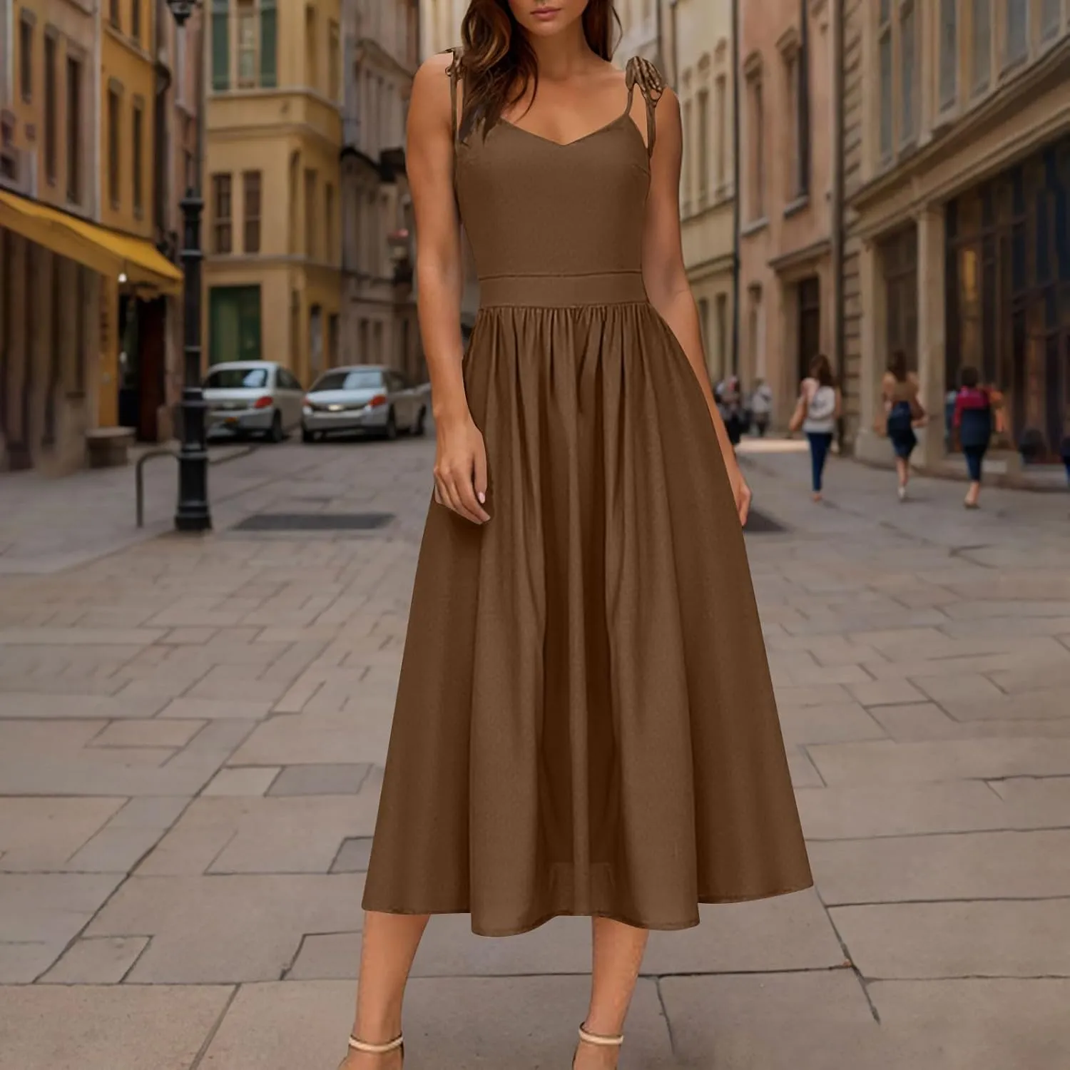JOAU Women's Sleeveless V-Neck Maxi Dress Casual Summer Tie Spaghetti Strap Backless A-line Pleated Cami Dresses for Vacation
