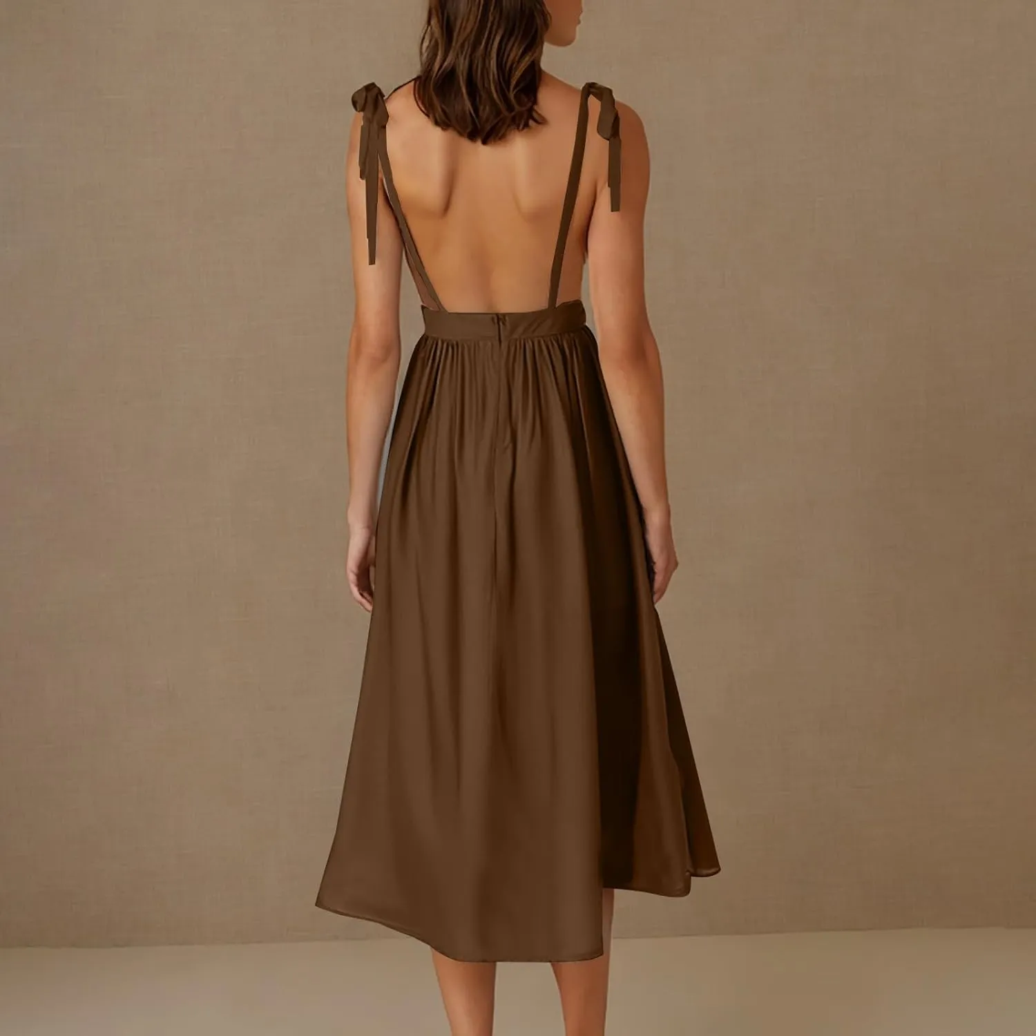 JOAU Women's Sleeveless V-Neck Maxi Dress Casual Summer Tie Spaghetti Strap Backless A-line Pleated Cami Dresses for Vacation