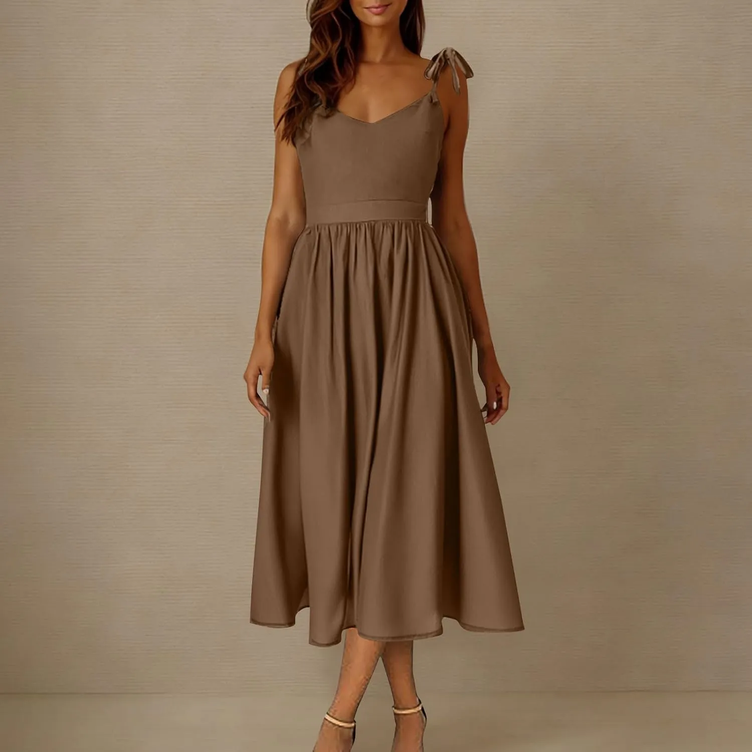 JOAU Women's Sleeveless V-Neck Maxi Dress Casual Summer Tie Spaghetti Strap Backless A-line Pleated Cami Dresses for Vacation