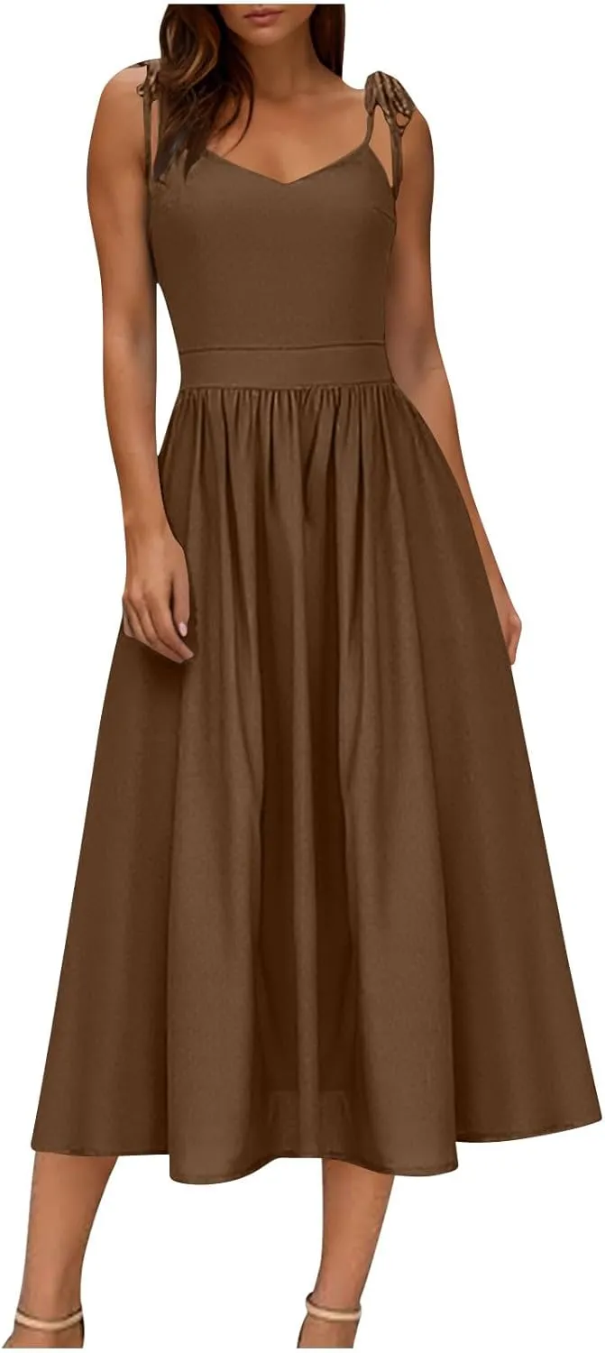JOAU Women's Sleeveless V-Neck Maxi Dress Casual Summer Tie Spaghetti Strap Backless A-line Pleated Cami Dresses for Vacation