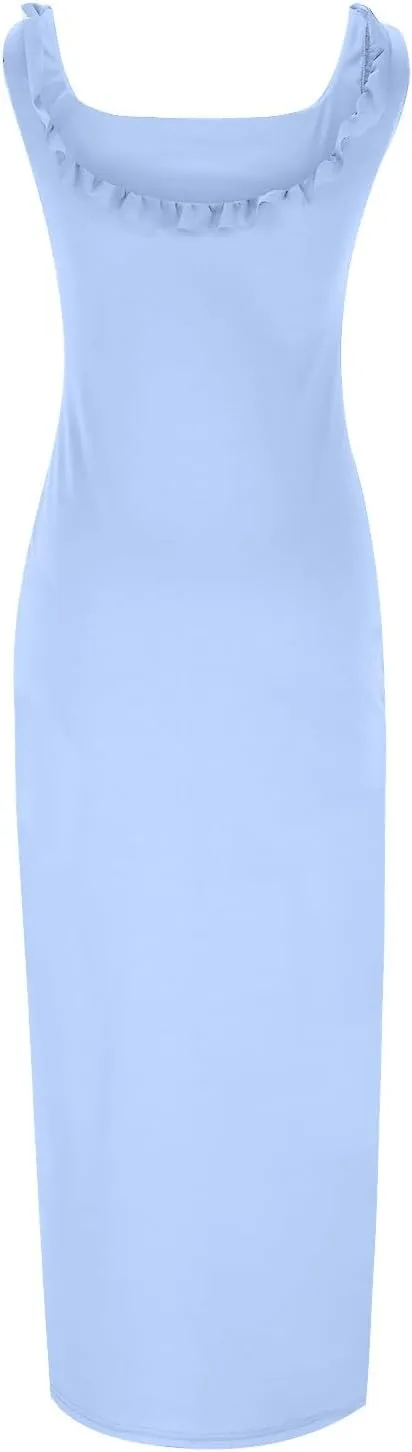 JOAU Womens Spaghetti Strap High Slit Ruffle Bodycon Maxi Dress Square Neck Backless Cocktail Party Evening Prom Dresses