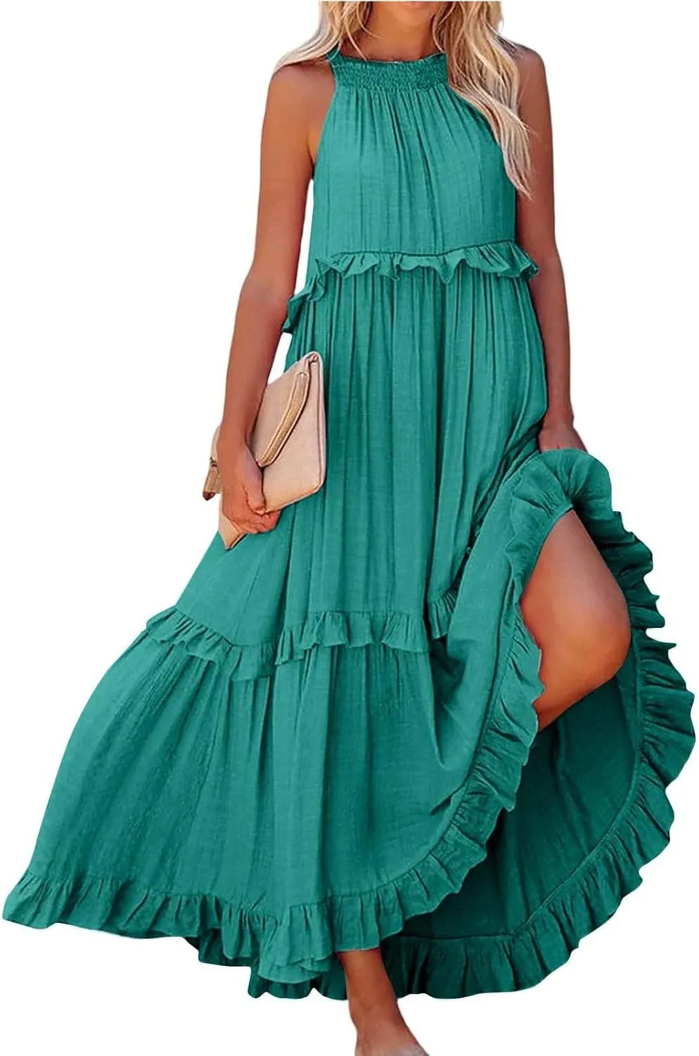 JOAU Womens Summer Boho Beach Maxi Dress Halter Neck Cut Out Tie Back A-Line Tiered Ruffle Flowy Long Sundress with Pockets