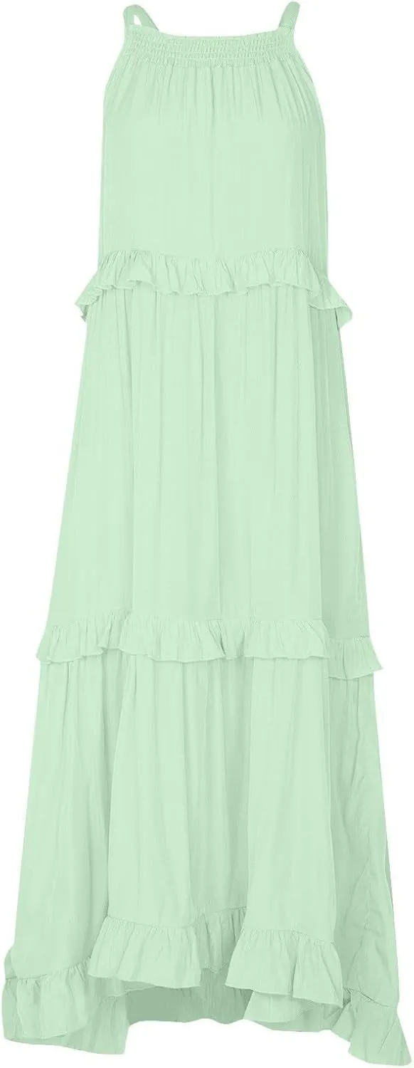JOAU Womens Summer Boho Beach Maxi Dress Halter Neck Cut Out Tie Back A-Line Tiered Ruffle Flowy Long Sundress with Pockets