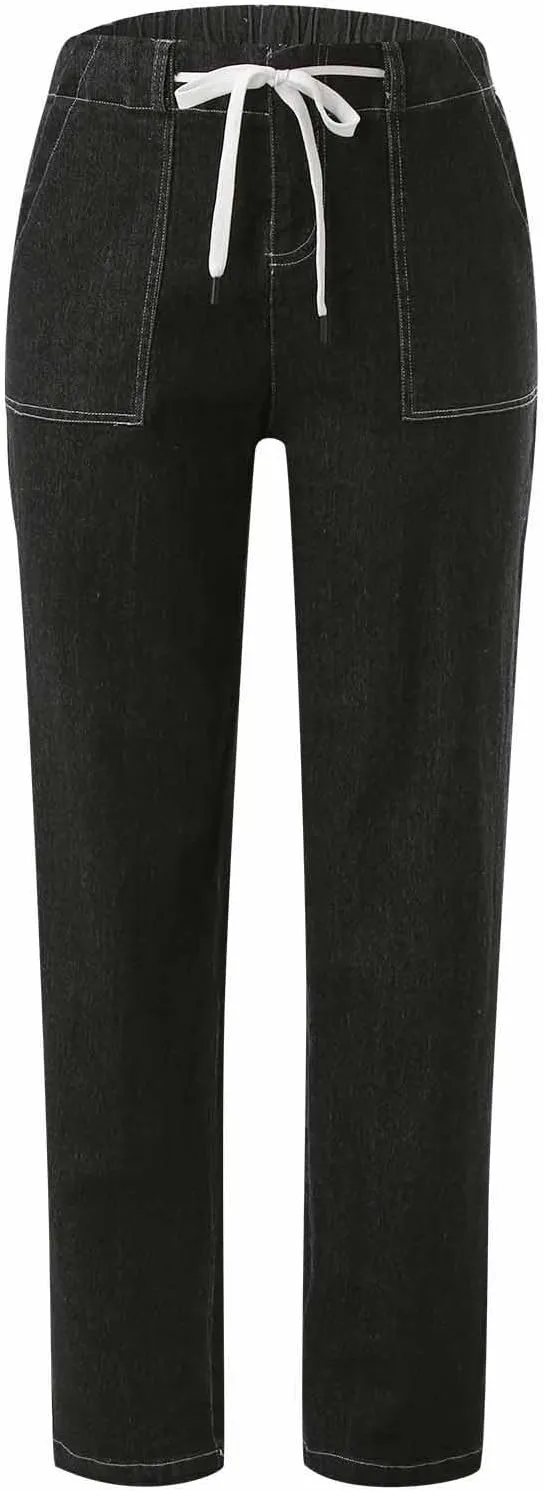 jsaierl Womens Casual Pull-on Distressed Stretch Jeans Elastic Waist Jean Denim Joggers Pants High Waist Drawstring Jeans