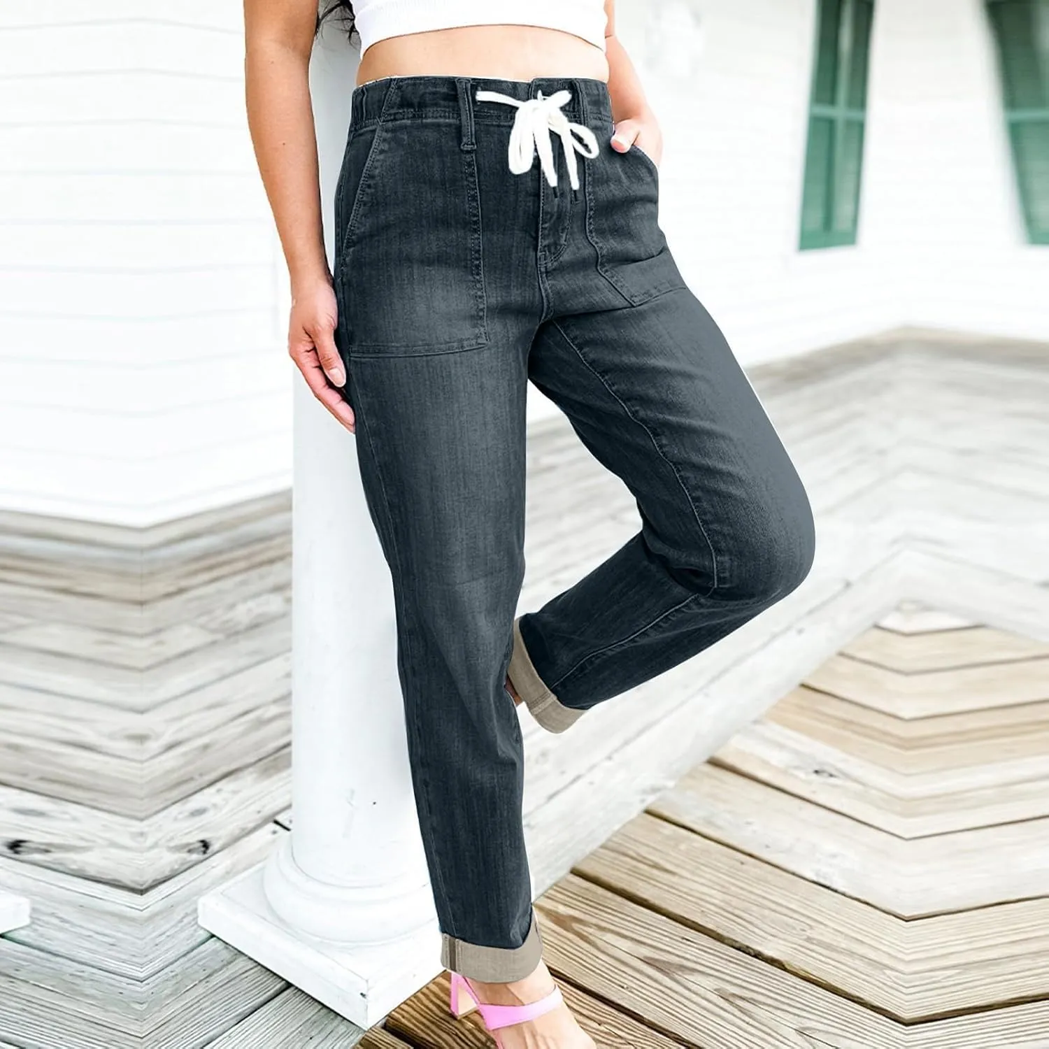 jsaierl Womens Casual Pull-on Distressed Stretch Jeans Elastic Waist Jean Denim Joggers Pants High Waist Drawstring Jeans