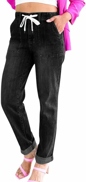 jsaierl Womens Casual Pull-on Distressed Stretch Jeans Elastic Waist Jean Denim Joggers Pants High Waist Drawstring Jeans