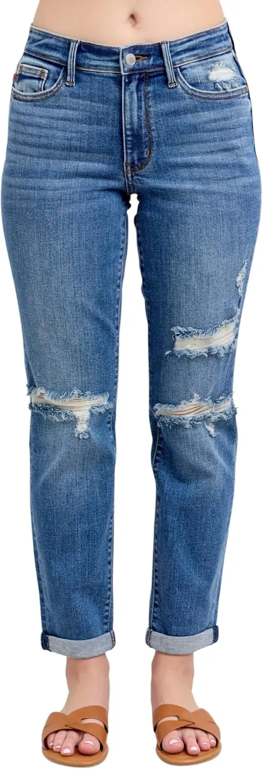 Judy Blue Mid Rise Vintage Wash Destroy Boyfriend Jeans