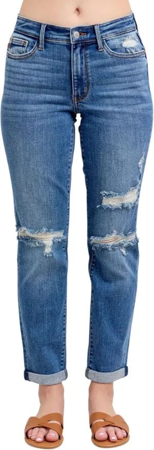 Judy Blue Mid Rise Vintage Wash Destroy Boyfriend Jeans