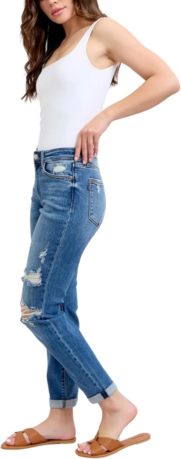 Judy Blue Mid Rise Vintage Wash Destroy Boyfriend Jeans