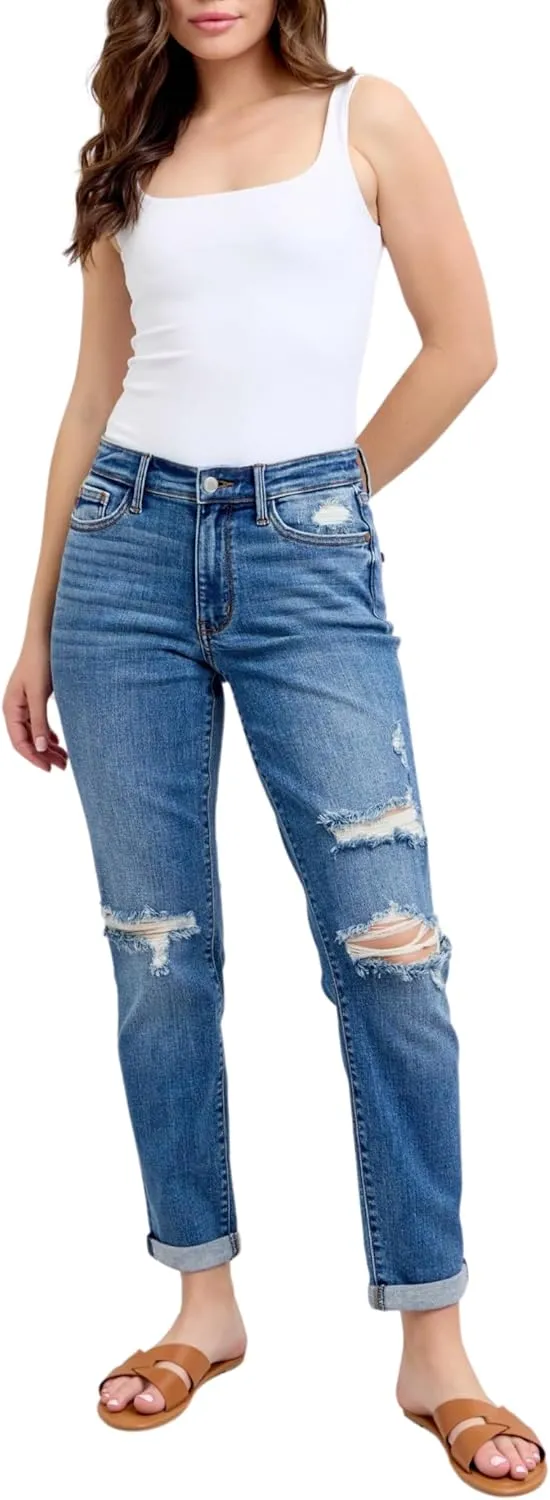 Judy Blue Mid Rise Vintage Wash Destroy Boyfriend Jeans
