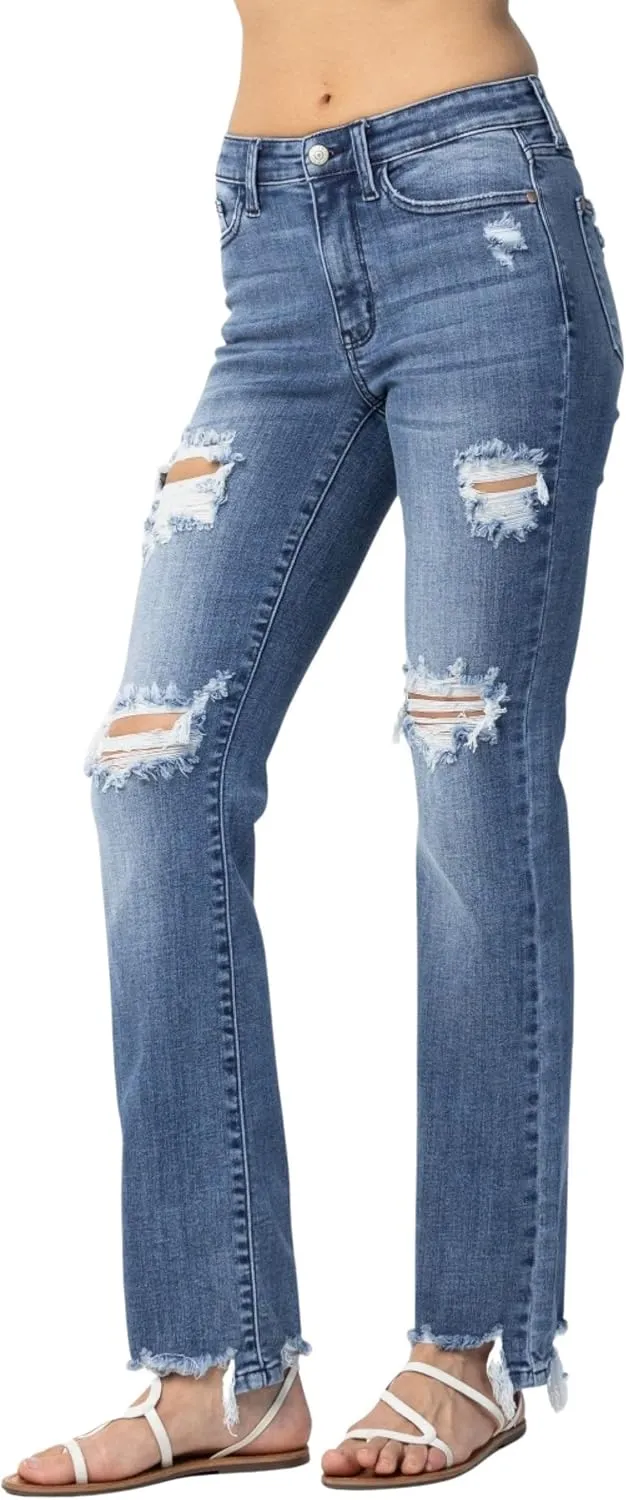 Judy Blue Women's Mid Rise Destroyed Straight Fit Jeans