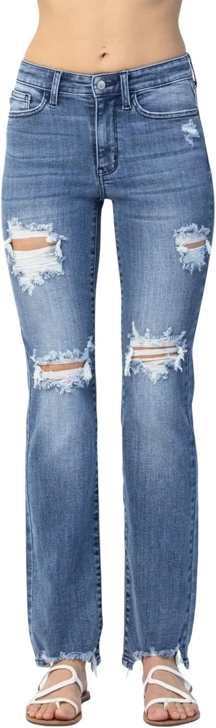 Judy Blue Women's Mid Rise Destroyed Straight Fit Jeans