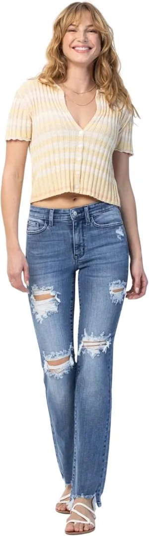 Judy Blue Women's Mid Rise Destroyed Straight Fit Jeans