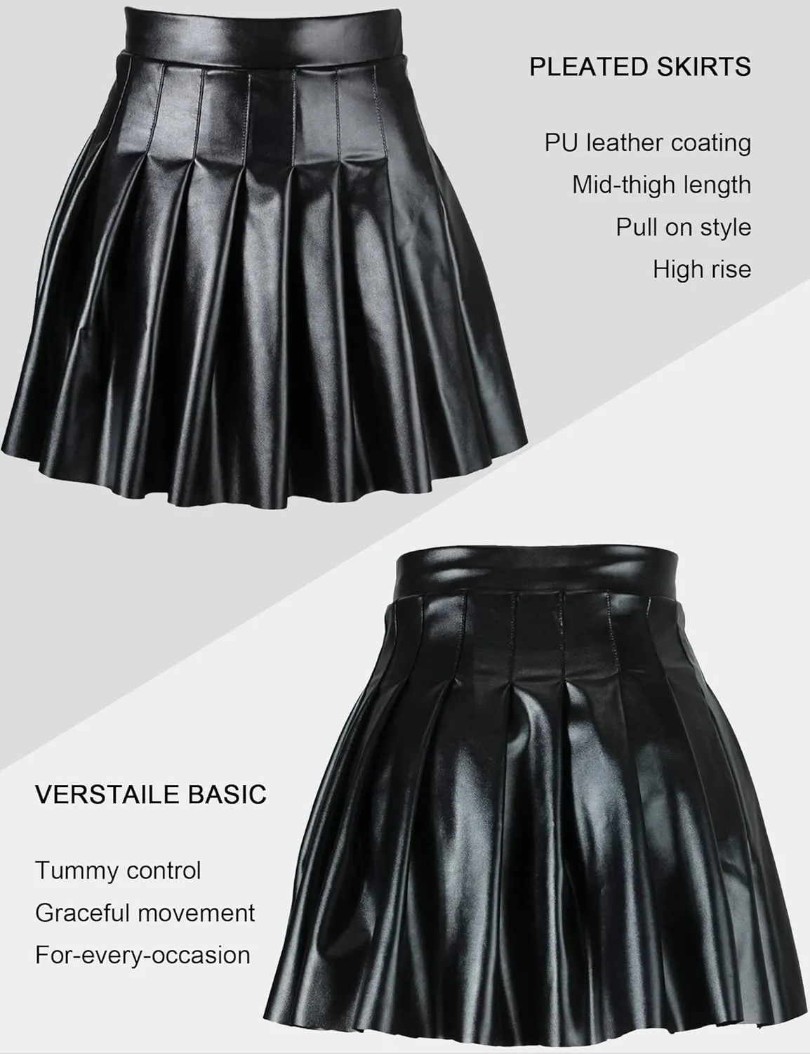 Kiench Women's Mini Pleated Skirts High Waist PU Leather Short Skater Skirts