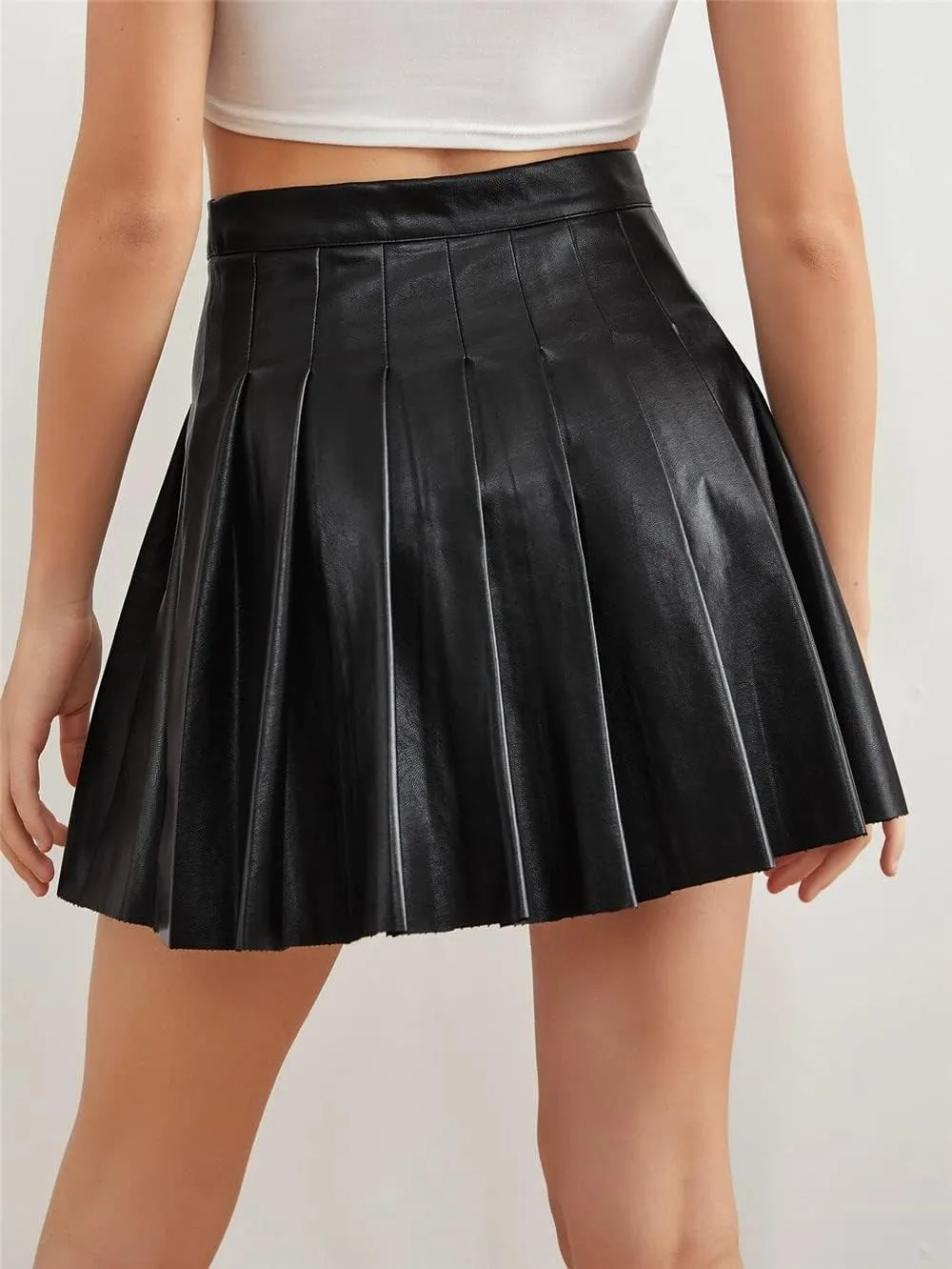 Kiench Women's Mini Pleated Skirts High Waist PU Leather Short Skater Skirts