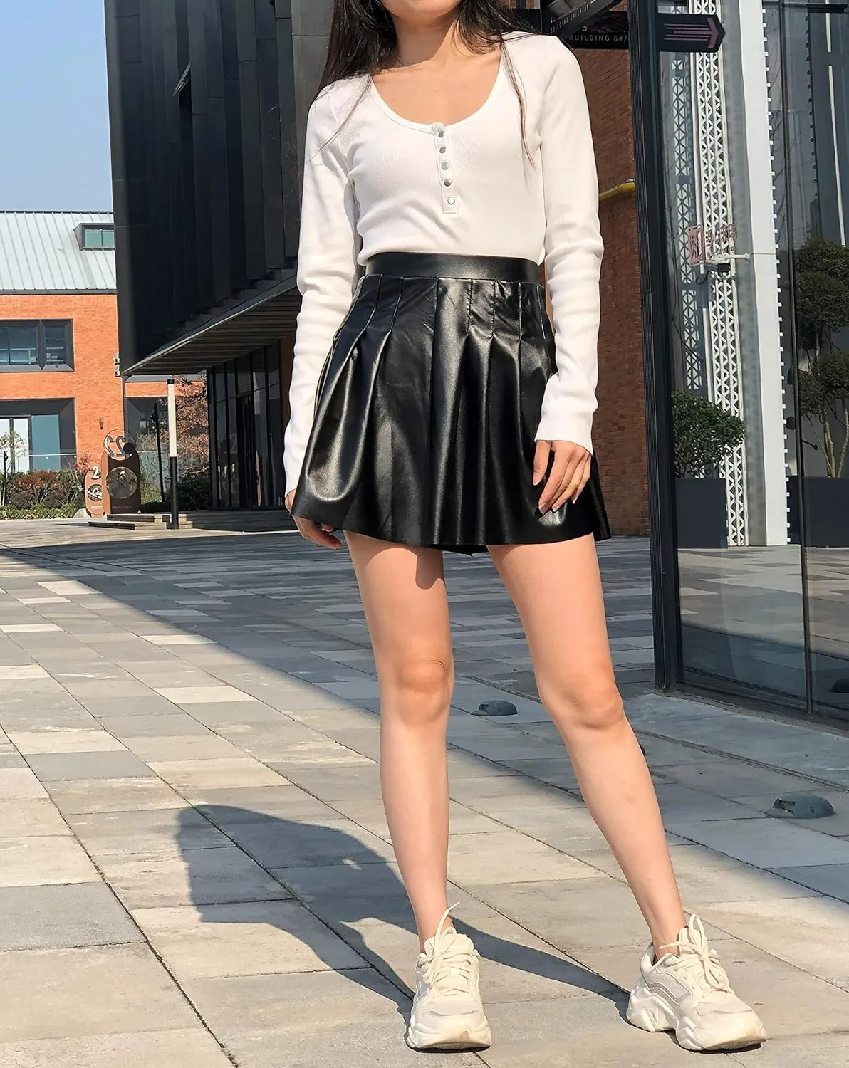 Kiench Women's Mini Pleated Skirts High Waist PU Leather Short Skater Skirts