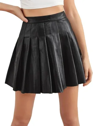 Kiench Women's Mini Pleated Skirts High Waist PU Leather Short Skater Skirts