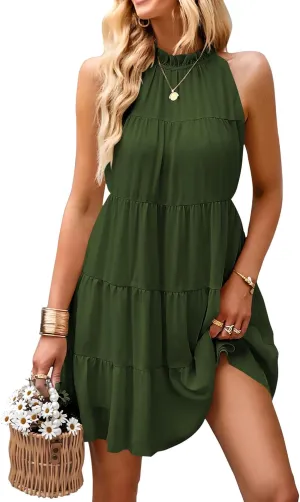 KIRUNDO Womens Summer Dresses 2025 Casual Halter Sundress Sleeveless Flowy Mini Babydoll Tiered Pleated Beach Dress