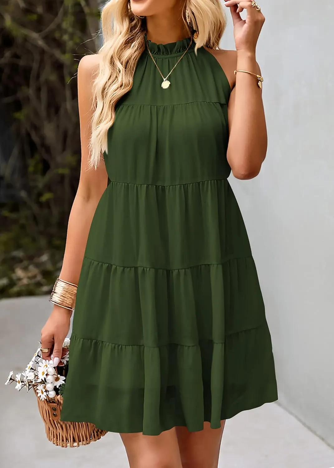 KIRUNDO Womens Summer Dresses 2025 Casual Halter Sundress Sleeveless Flowy Mini Babydoll Tiered Pleated Beach Dress