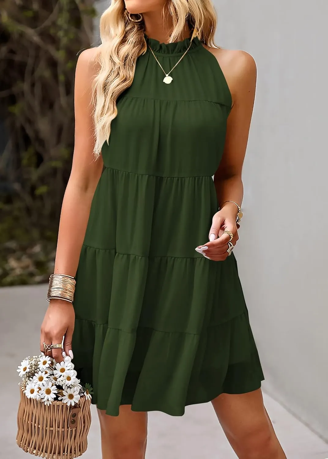 KIRUNDO Womens Summer Dresses 2025 Casual Halter Sundress Sleeveless Flowy Mini Babydoll Tiered Pleated Beach Dress