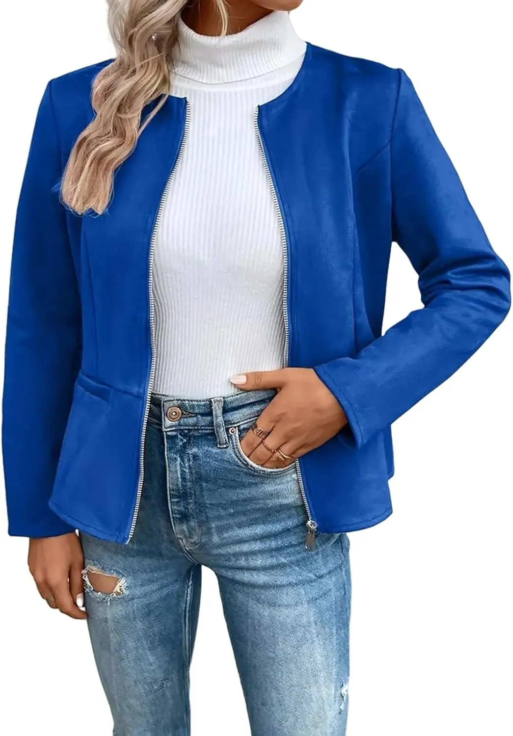 Kubbon Womens Faux Leather Jackets Lightweight Zip Up Short Moto Biker Coat Casual Long Sleeve Office Open Front Suit Jacket