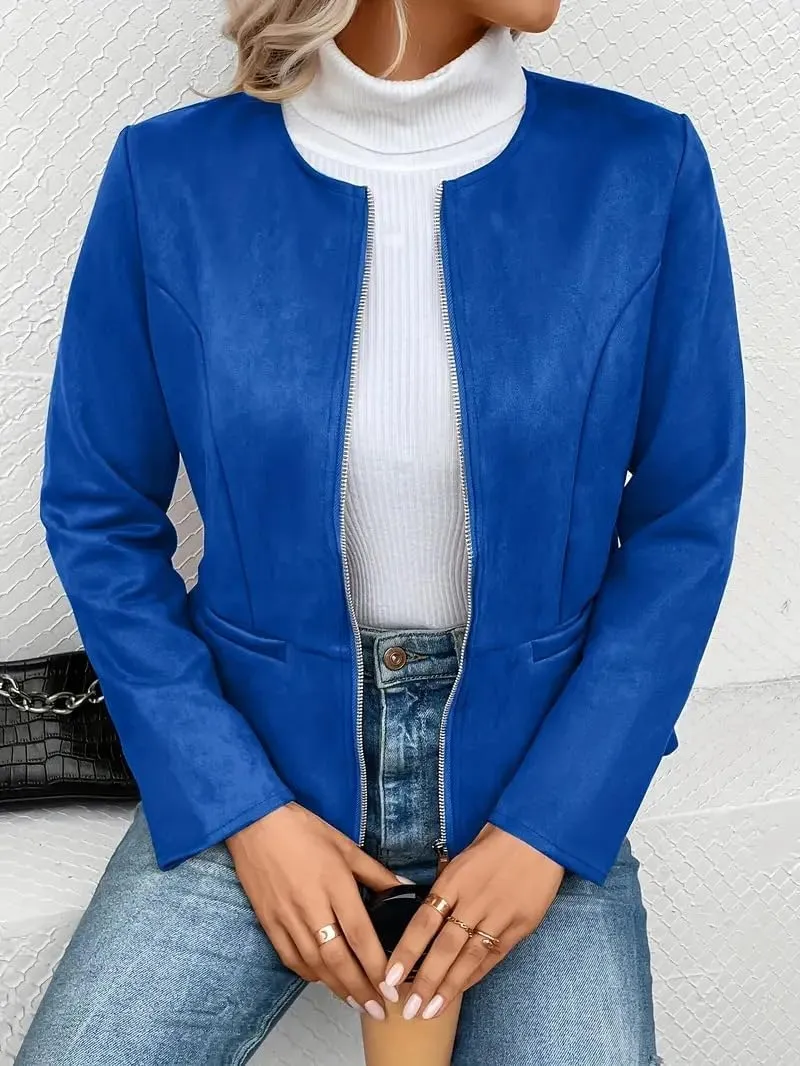 Kubbon Womens Faux Leather Jackets Lightweight Zip Up Short Moto Biker Coat Casual Long Sleeve Office Open Front Suit Jacket