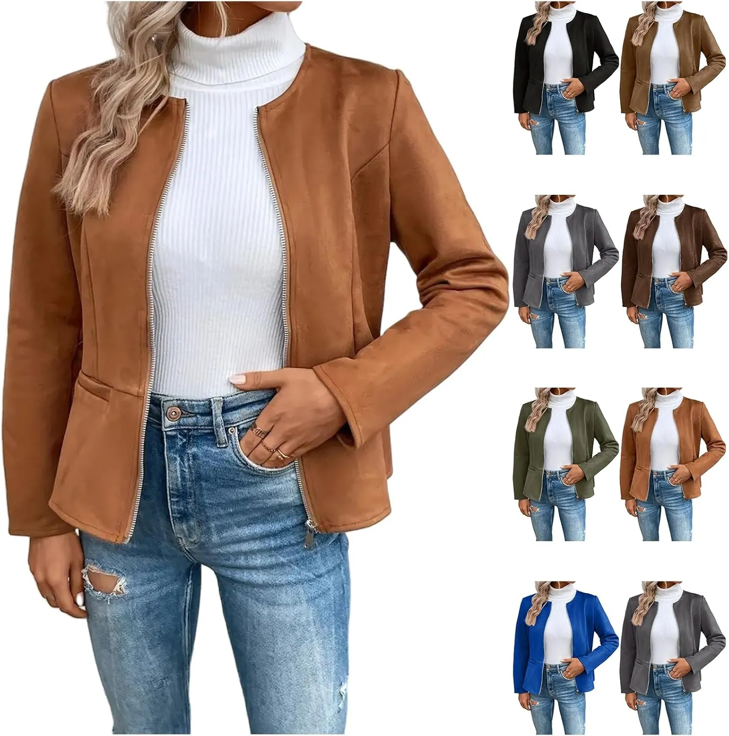 Kubbon Womens Faux Leather Jackets Lightweight Zip Up Short Moto Biker Coat Casual Long Sleeve Office Open Front Suit Jacket