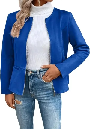 Kubbon Womens Faux Leather Jackets Lightweight Zip Up Short Moto Biker Coat Casual Long Sleeve Office Open Front Suit Jacket