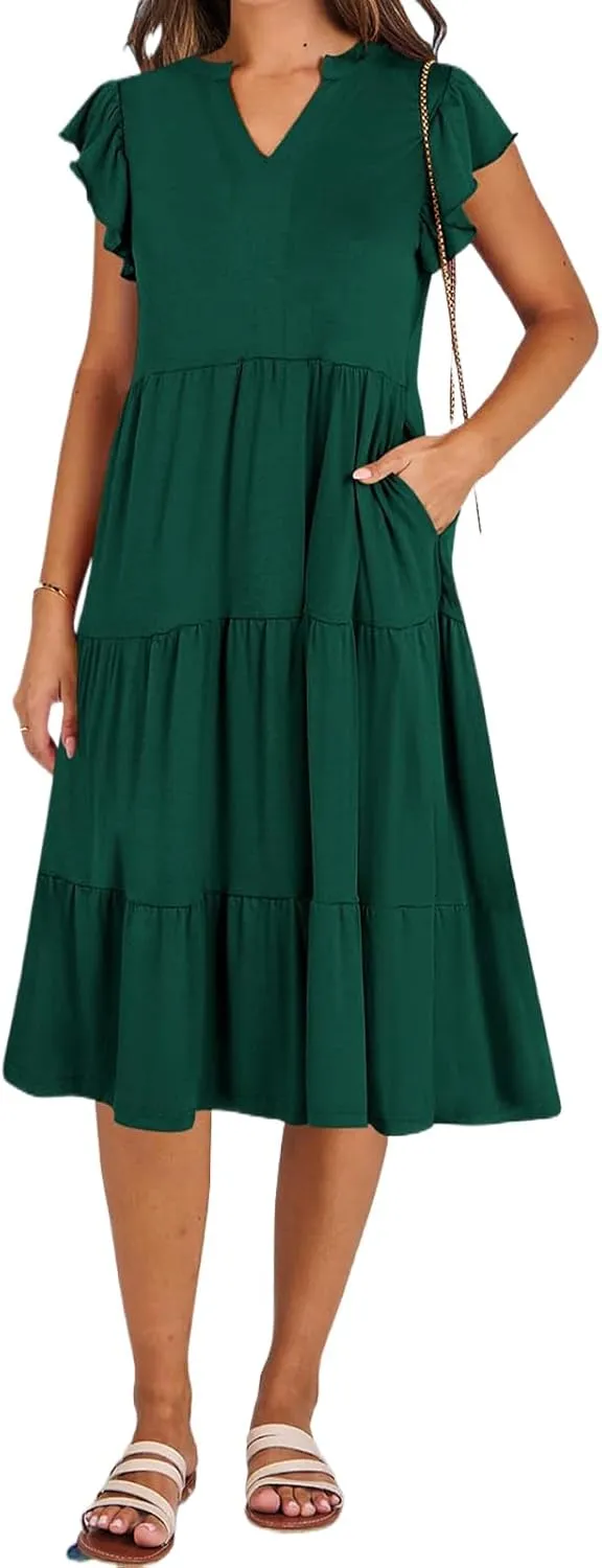 Kubbon Womens Midi Dress Casual Ruffle Sleeve V Neck Dresses Loose Flowy Tiered Boho Beach Vacation Sundress with Pockets