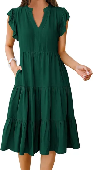Kubbon Womens Midi Dress Casual Ruffle Sleeve V Neck Dresses Loose Flowy Tiered Boho Beach Vacation Sundress with Pockets
