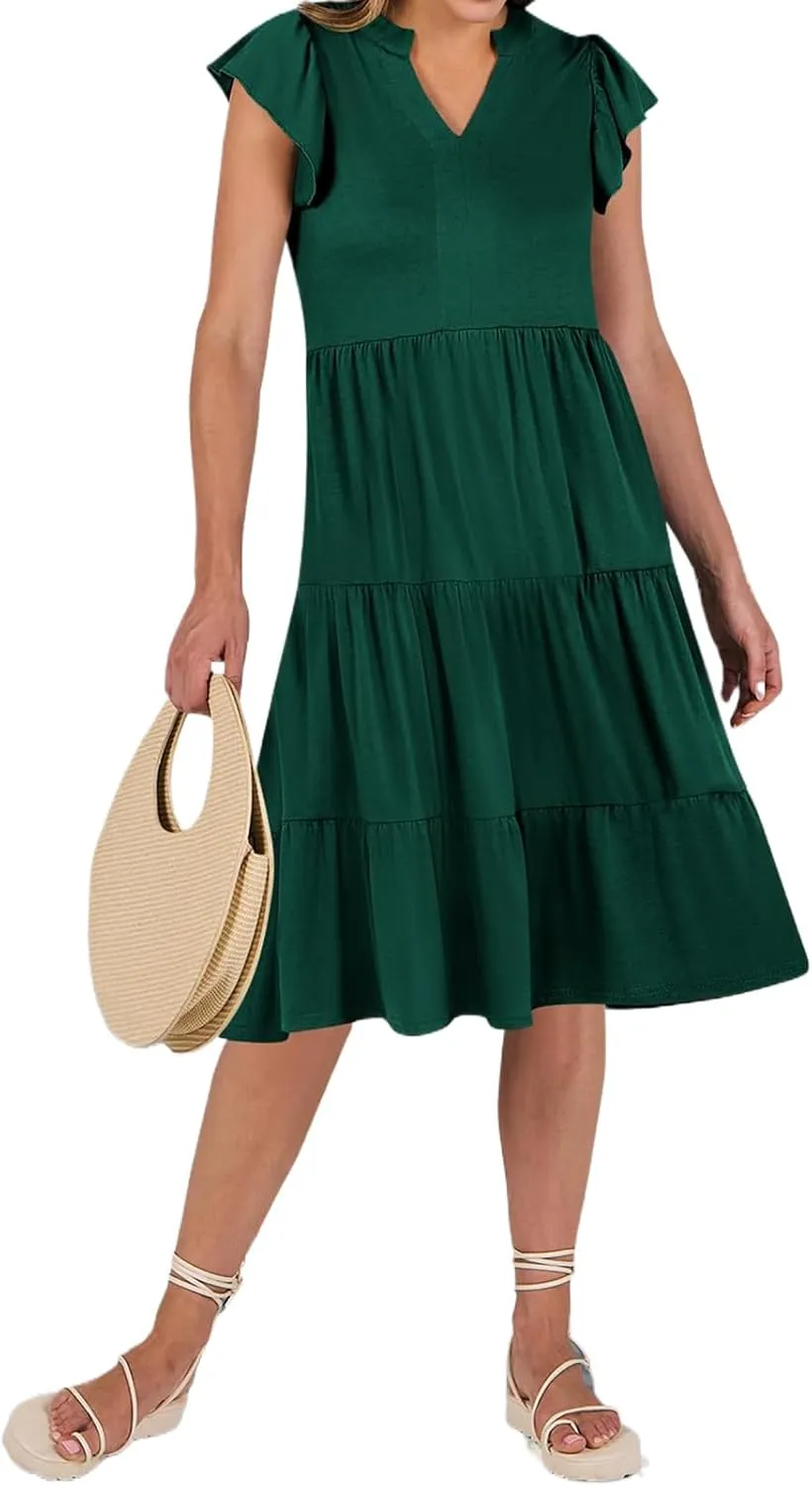 Kubbon Womens Midi Dress Casual Ruffle Sleeve V Neck Dresses Loose Flowy Tiered Boho Beach Vacation Sundress with Pockets