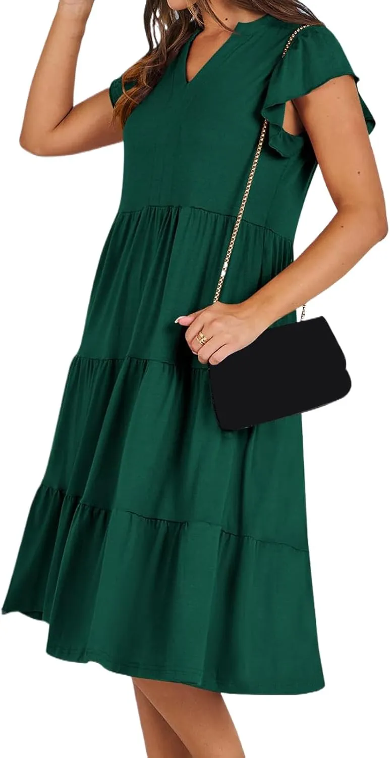 Kubbon Womens Midi Dress Casual Ruffle Sleeve V Neck Dresses Loose Flowy Tiered Boho Beach Vacation Sundress with Pockets