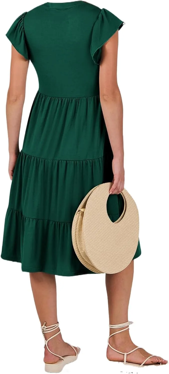 Kubbon Womens Midi Dress Casual Ruffle Sleeve V Neck Dresses Loose Flowy Tiered Boho Beach Vacation Sundress with Pockets