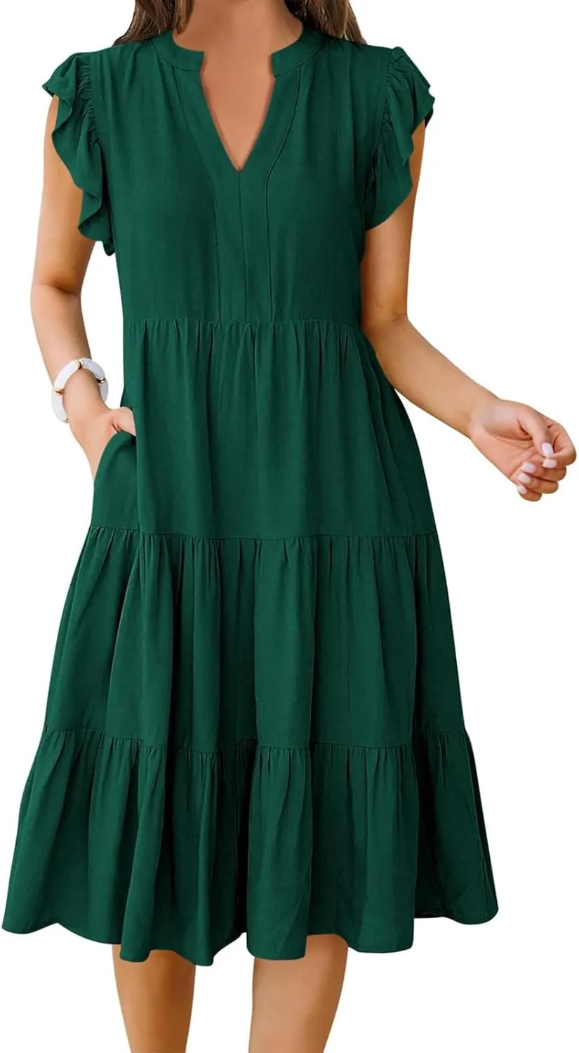 Kubbon Womens Midi Dress Casual Ruffle Sleeve V Neck Dresses Loose Flowy Tiered Boho Beach Vacation Sundress with Pockets