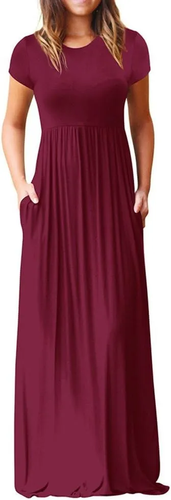 Kubbon Women's Short Sleeve Maxi Dresses Casual Empire Waist Long Dress Loose Plain Dress Vacation Long Dresses with Pocket